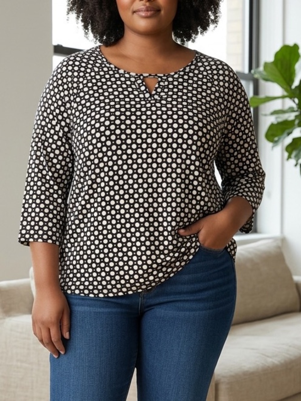 023 OLSEN (XL) Viscose Polka Dot 3/4 Sleeve Top Keyhole Neckline Soft Stretch